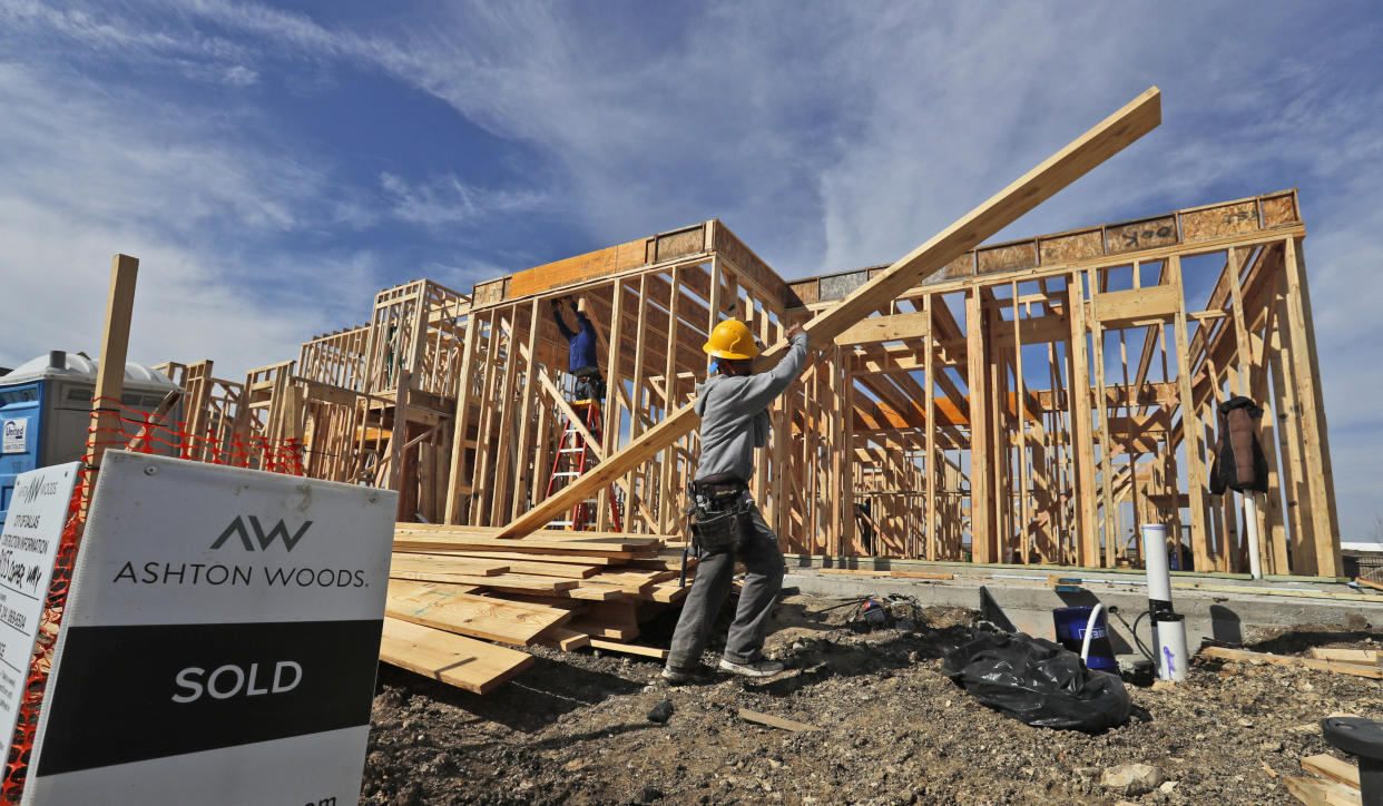 A construction crew works on an already-sold new home in north Dallas. Homebuyers in some of the biggest U.S. cities are seeing a pickup in the number of homes for sale, especially in the most affordable segment of the market. (Credit: LM Otero, AP Photo via Getty Images)