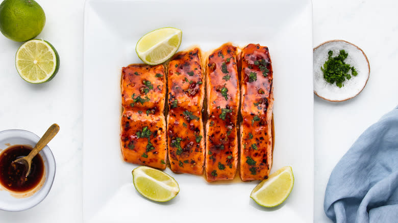 Sweet chili salmon served on plate