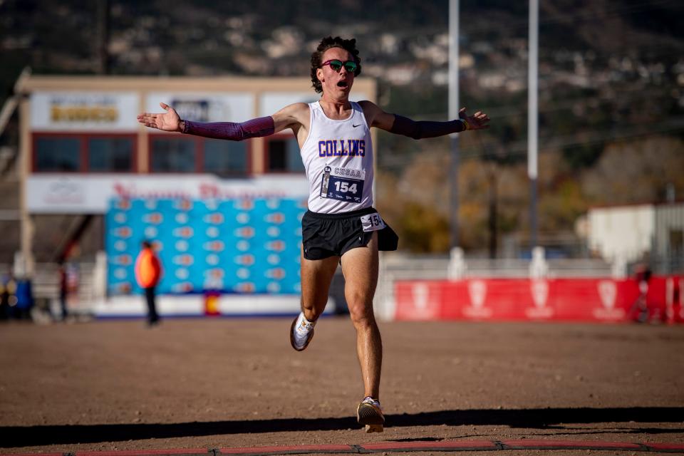 Fort Collins High School's Christian Groendyk crosses the finish line with the time of 15:13.5 to win the boys 5A cross country championships at Norris Penrose Event Center in Colorado Springs, Colo. on Saturday, Oct. 29, 2022.