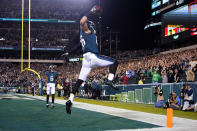 Philadelphia Eagles tight end Zach Ertz (86) celebrates a touchdown during the first half of an NFL football game against the Tampa Bay Buccaneers on Thursday, Oct. 14, 2021, in Philadelphia. (AP Photo/Matt Rourke)