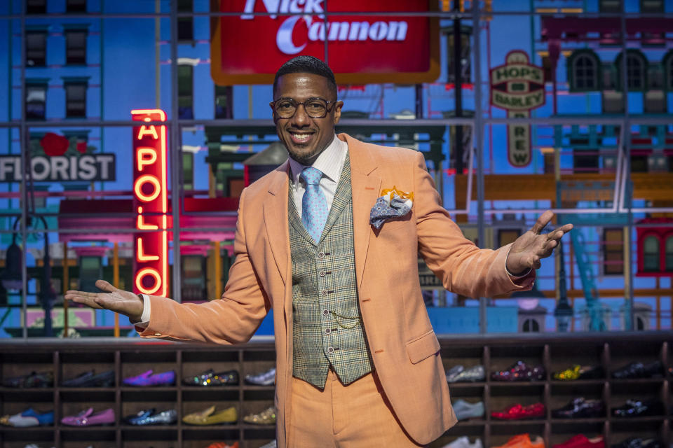 Talk show host Nick Cannon poses for a portrait on the set of "Nick Cannon" at Metropolitan Studios in New York on Sept. 16, 2021. His nationally syndicated daytime talk show premieres Sept. 27 on Fox Television Stations. (Photo by Andy Kropa/Invision/AP)