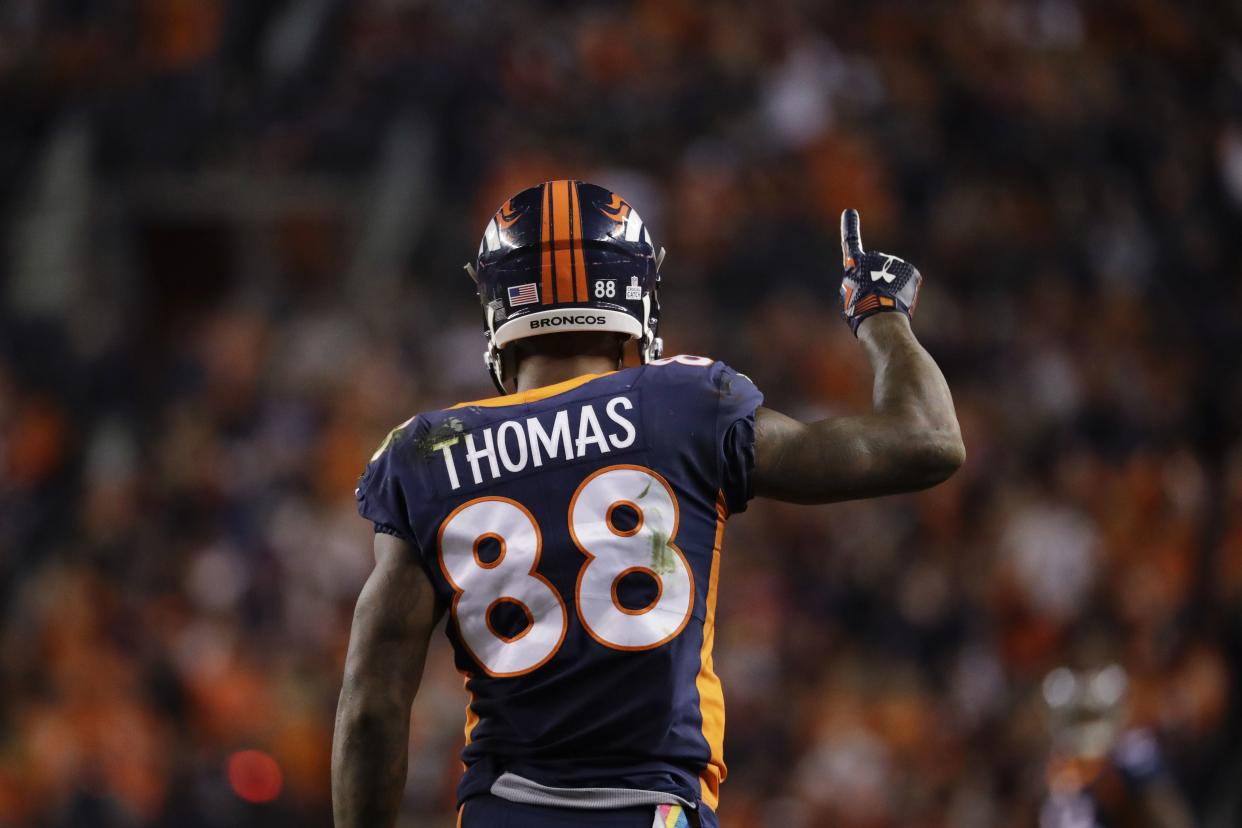 Demaryius Thomas celebrates a catch in an October 2017 game against the New York Giants.