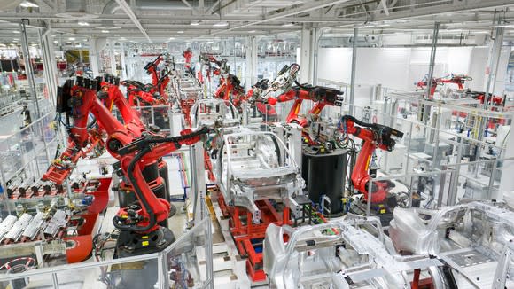 Tesla vehicle production at the company's factory in Fremont, CA