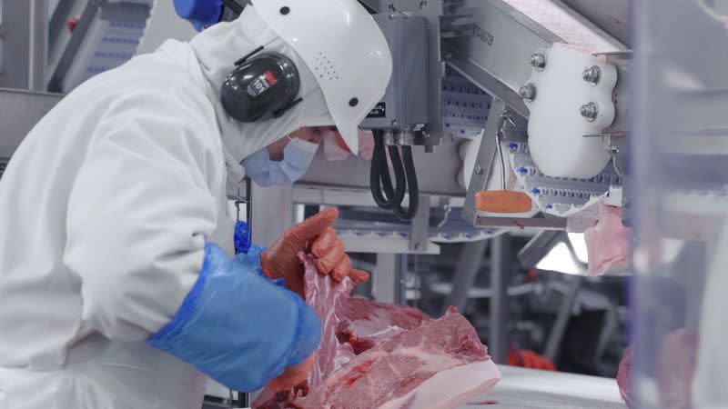 An Olymel employee works in one of the companyÕs Quebec hog-slaughtering plants