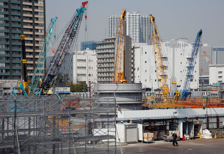 Cranes are seen at a construction site in Tokyo, Japan March 13, 2018. REUTERS/Toru Hanai