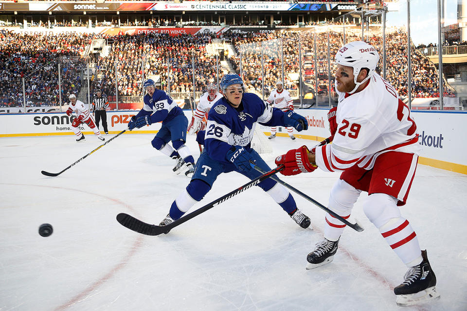 <p>Game action at the Centennial Classic. (Getty) </p>