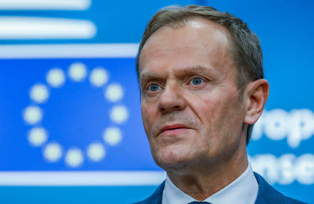 European Council President Donald Tusk takes part in a news conference after being reappointed chairman of the European Council during a EU summit in Brussels, Belgium, March 9, 2017. REUTERS/Yves Herman