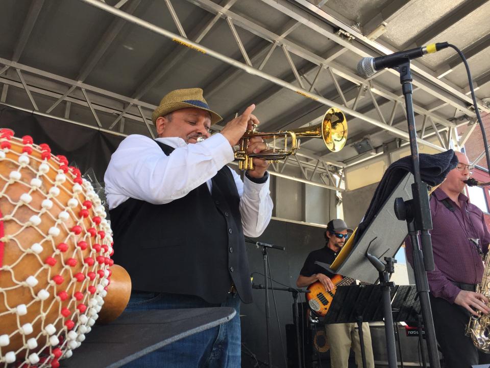 Vermont trumpet player Ray Vega leads his Latin Jazz Sextet in a performance June 12, 2021 on Main Street during the Burlington Discover Jazz Festival.