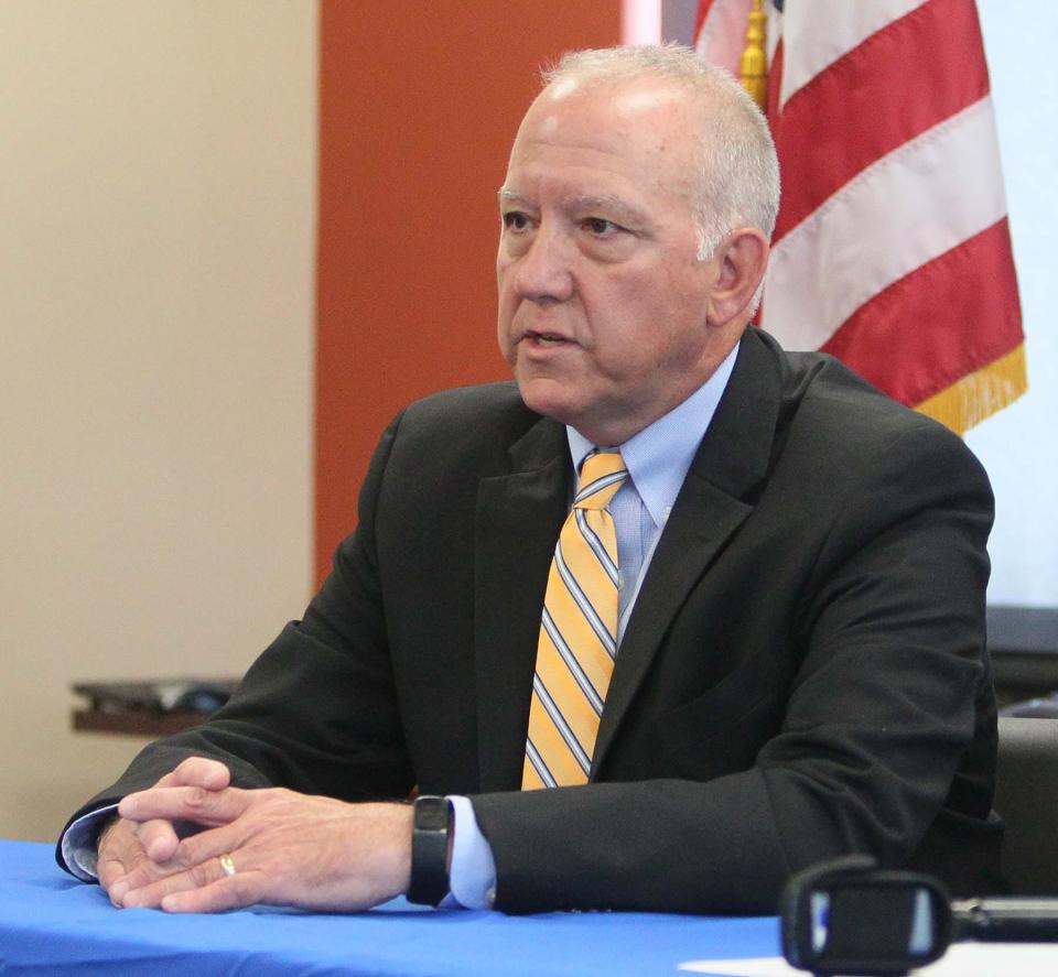 Akron Mayor Dan Horrigan speaks during a press conference at police department in Akron on Wednesday on the beating death of 17-year-old Firestone High School student Ethan Liming during an incident Thursday night. 