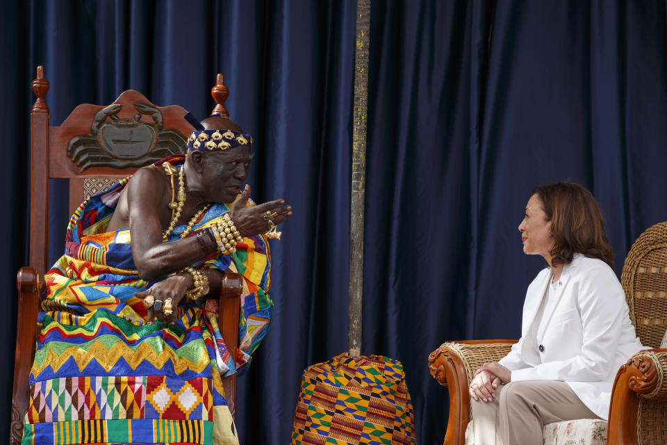 FILE - Vice President Kamala Harris meets with traditional leaders at Cape Coast Castle in Ghana, Tuesday, March 28, 2023. This castle in was one of around 40 "slave castles" that served as prisons and embarkation points for slaves en route to the Americas. (AP Photo/Misper Apawu, File)