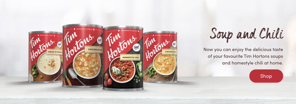 You can now find canned versions of Tim Hortons soup and chili at select retailers in Canada.