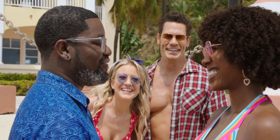 Marcus (Lil Rel Howery, far left) and Emily (Yvonne Orji) have a getaway upended by Kyla (Meredith Hagner) and Ron (John Cena) in "Vacation Friends."