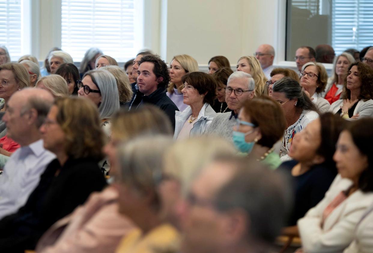 A crowd attends "Where have all the songbirds gone?" III at Town Hall Monday February 5, 2024 in Palm Beach.