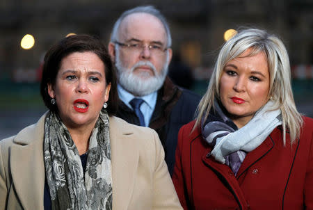 Mary Lou McDonald, Michelle O'Neill and Francie Molloy of Sinn Fein talk to the press outside the Palace of Westminster in London, Britain, February 21, 2018. REUTERS/Peter Nicholls