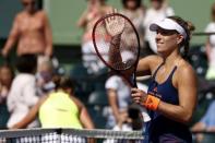 Mar 26, 2017; Miami, FL, USA; Angelique Kerber of Germany waves to the crowd after her match against Shelby Rogers of the United States (not pictured) on day six of the 2017 Miami Open at Crandon Park Tennis Center. Kerber won 6-4, 7-5. Mandatory Credit: Geoff Burke-USA TODAY Sports