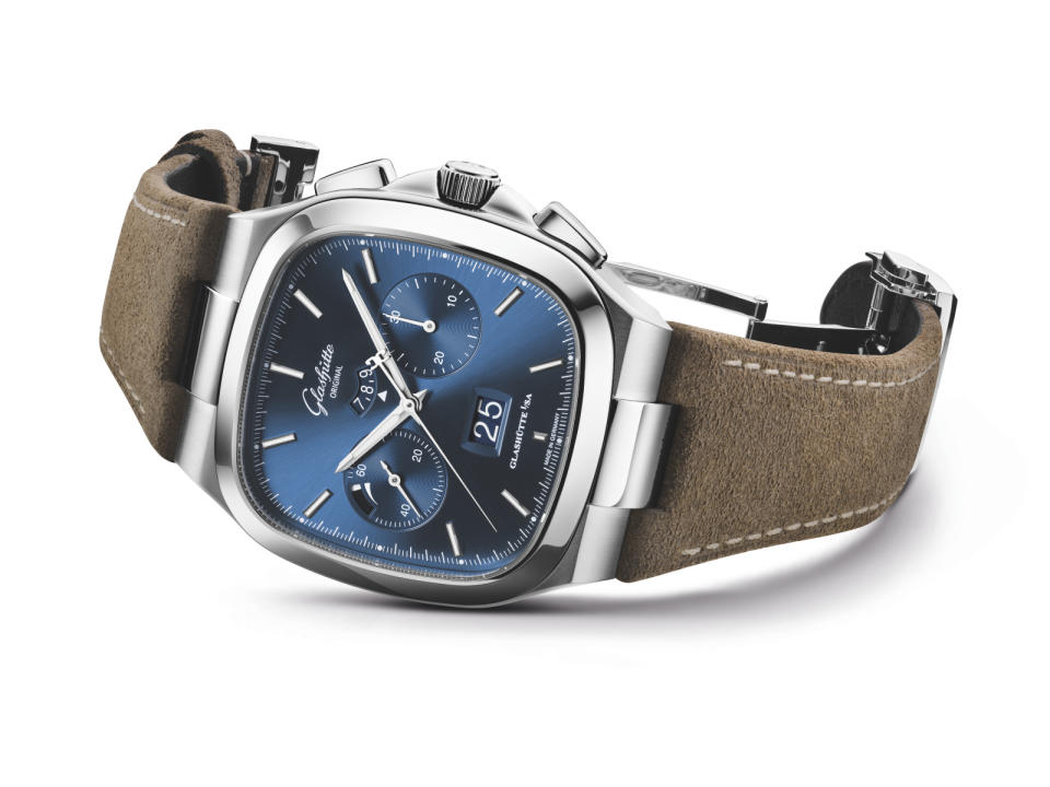 Glashütte Original’s Seventies Chronograph Panorama Date with calfskin strap, ,400.