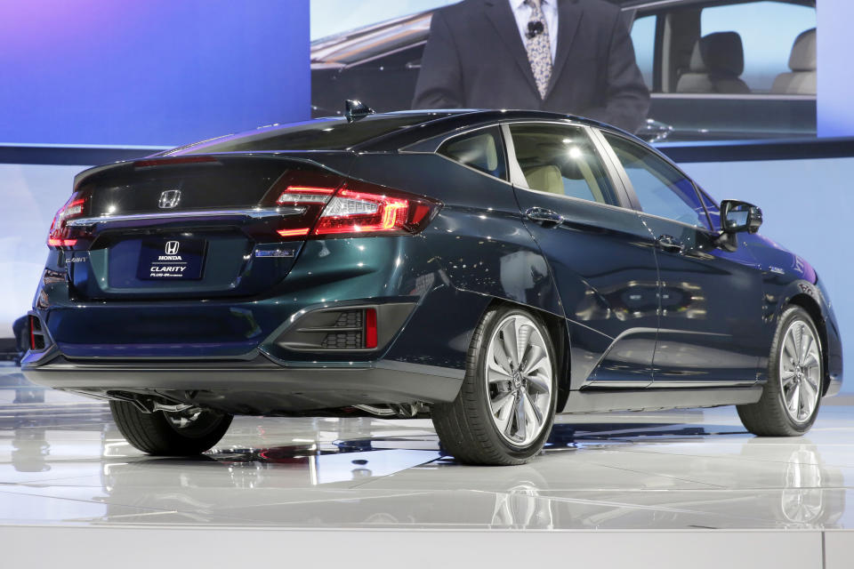 The hybrid model of the Honda Clarity is shown during a media preview at the New York International Auto Show, at the Jacob Javits Center in New York, Wednesday, April 12, 2017. (AP Photo/Richard Drew)