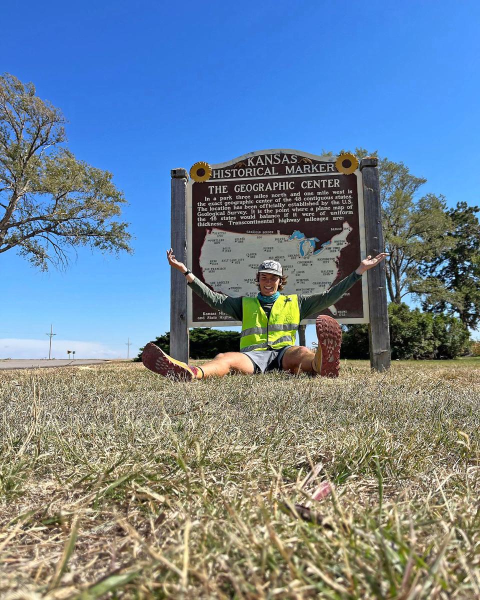 After starting on a walking journey from Washington state in March, Holden Ringer made it to the geographic center of the U.S. in Kansas last month. He is continuing his journey and had a brief respite in Columbia this week before heading next for St. Louis.