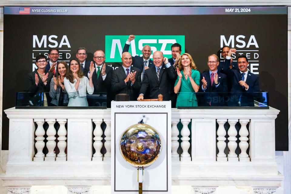 Representatives of MSA Safety, including Non-Executive Chairman Nish Vartanian (center left) and President and CEO Steve Blanco (center right), celebrate ringing the closing bell at the New York Stock Exchange on Tuesday, May 21, 2024. This year marks the company’s 110th year of business, its 10th CEO transition, and the 20th year being listed on the NYSE.