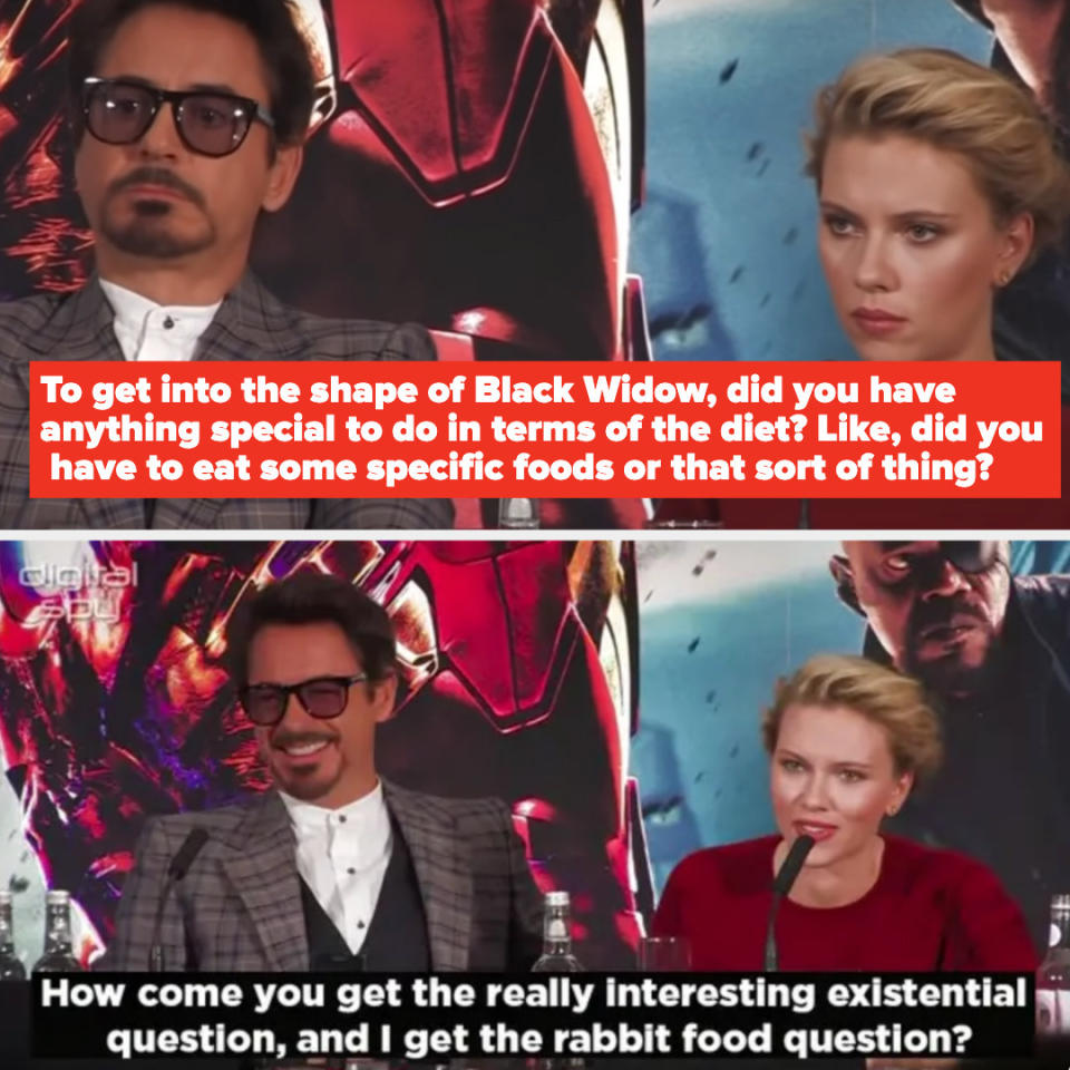 Scarlett Johansson saying, "How come you get the really interesting existential questions, and I get the rabbit food question?"