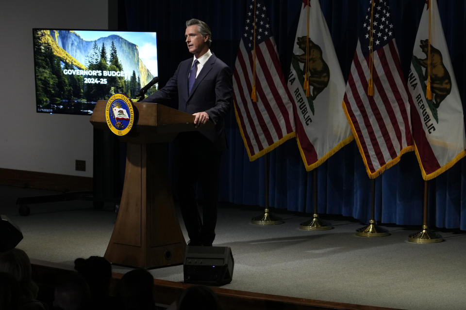 California Gov. Gavin Newsom discusses his proposed state budget for the 2024-2025 fiscal year, during a news conference in Sacramento,Calif., Wednesday, Jan. 10, 2024. (AP Photo/Rich Pedroncelli)