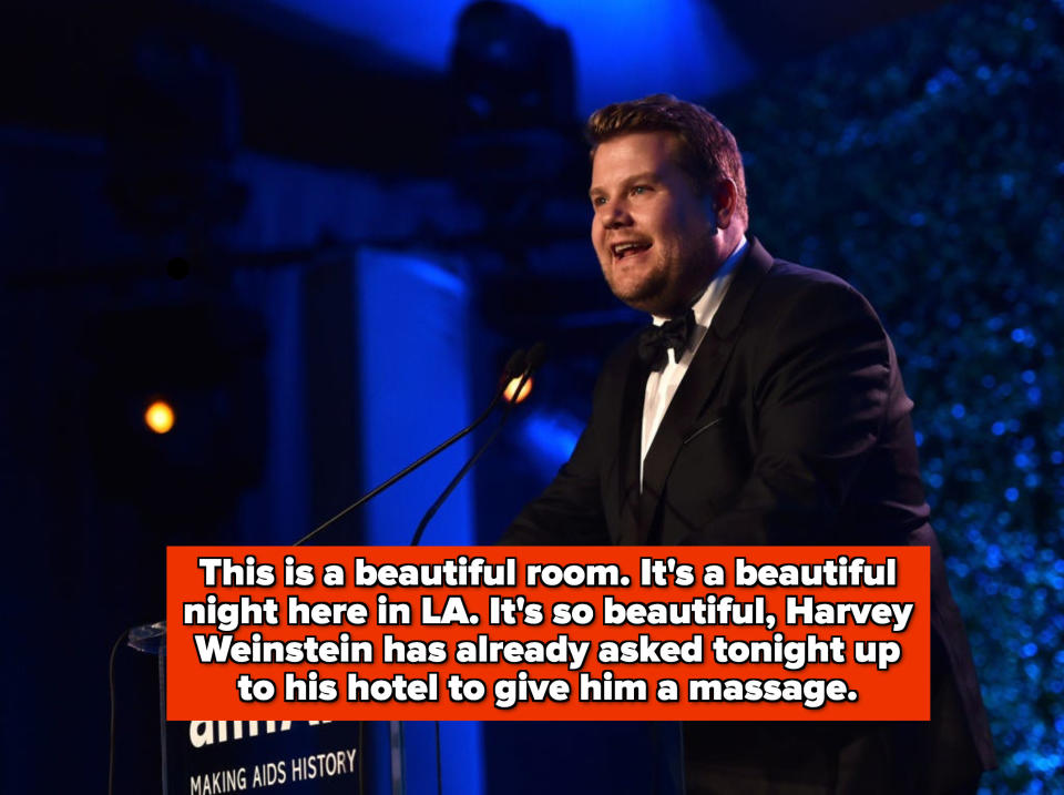 James at the podium saying it's a beautiful room and a beautiful night in LA — so beautiful, Harvey has already asked "tonight" up to his hotel to give him a massage