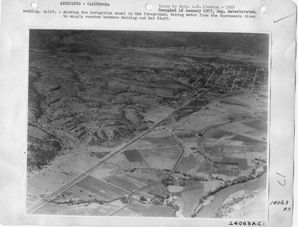 Old Highway 99 winds through countryside south of Redding in this aerial photo from 1923.