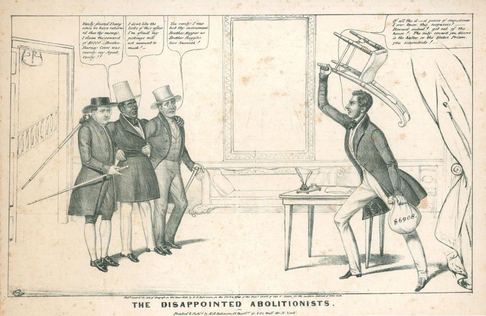 David Ruggles is flanked by Isaac Hopper and Barney Corse in “The Disappointed Abolitionists,” an 1838 illustration by Edward W. Clay. According to the owner, Richard West of Periodyssey, a used book store in Northampton, Mass., “This is the first American cartoon to feature a recognizable Black personality, as opposed to a generic caricature.”