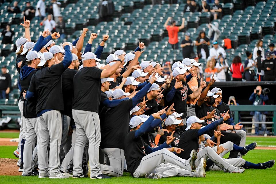 ALDS Game 4: Astros players celebrate on the field after the win.