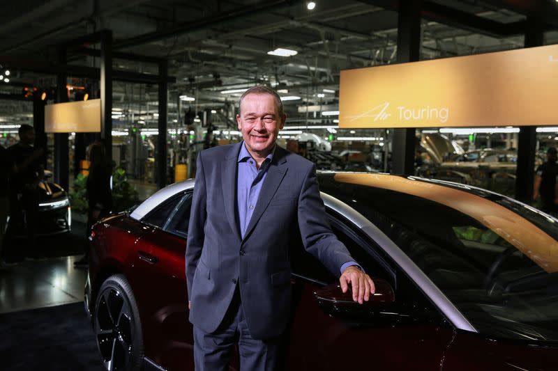 CEO Peter Rawlinson poses at the Lucid Motors plant in Casa Grande