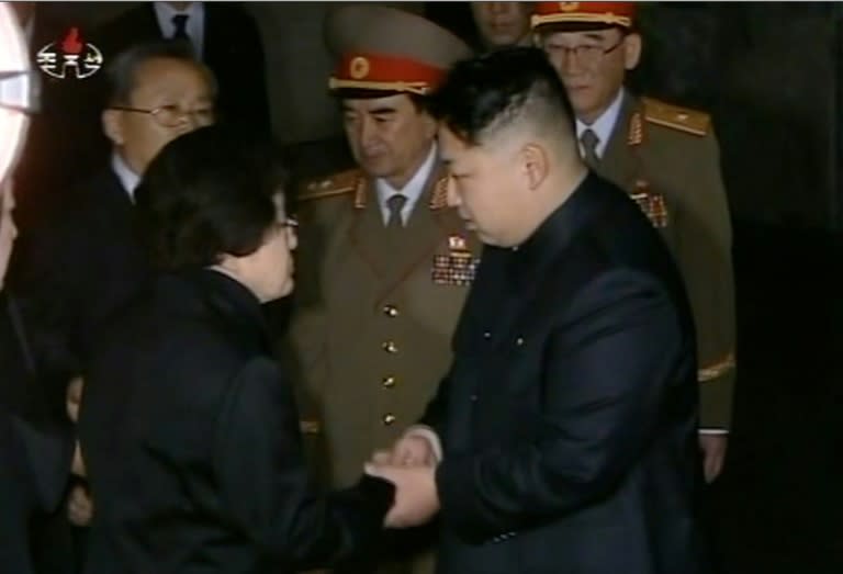 A screen grab from Korean Central Television shows Lee Hee-Ho shaking hands with Kim Jong-Un in December 2011