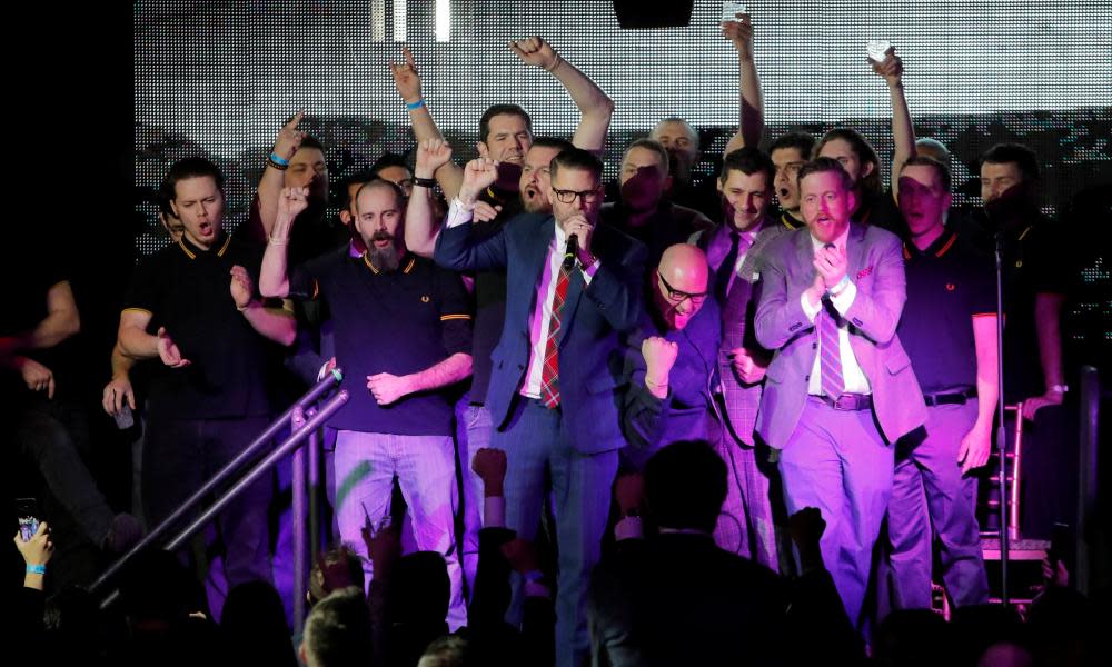 Gavin McInnes speaks on stage with members of the Proud Boys organisation at the “A Night for Freedom” event in New York, US, 20 January 2018.