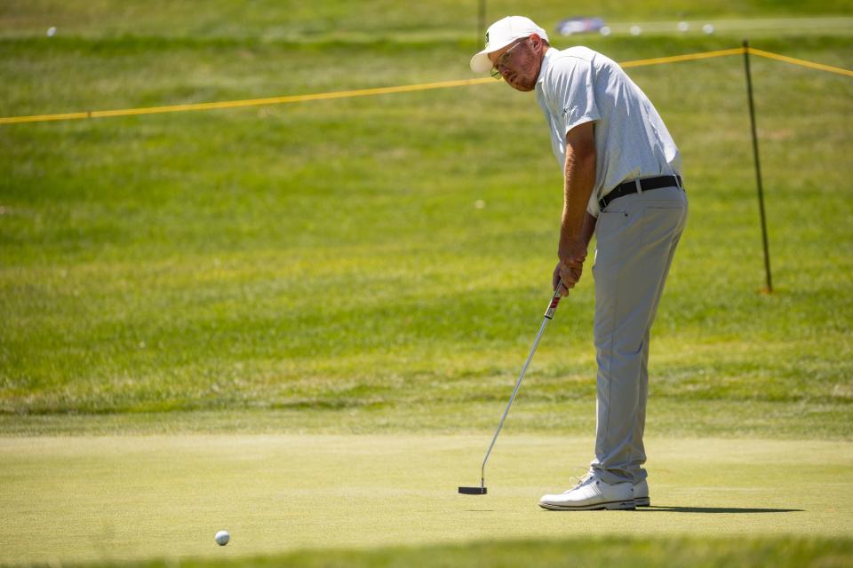 Mitchell Schow putts during the Utah Championship, part of the PGA Korn Ferry Tour, at Oakridge Country Club in Farmington on Saturday, Aug. 5, 2023. | Spenser Heaps, Deseret News