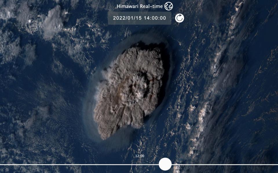 A plume rises over Tonga when the underwater volcano Hunga Tonga-Hunga Ha'apai erupted in this satellite image taken by Himawari-8, a Japanese weather satellite operated by Japan Meteorological Agency - Reuters