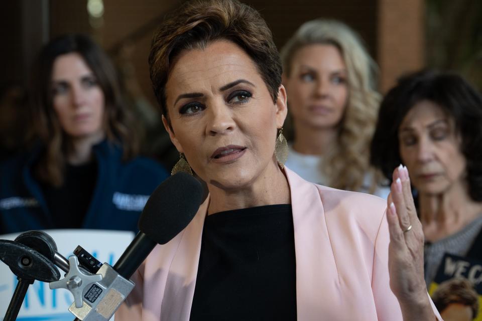 U.S. Senate candidate Kari Lake answers questions during a press conference on Feb. 7, 2024, at her headquarters in Phoenix.