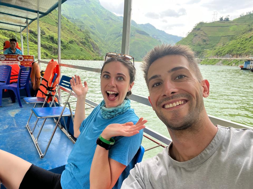 Emma Giantisco and Dylan Marton taking a selfie on a boat.