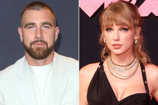 <p>Steve Granitz/FilmMagic, Taylor Hill/Getty</p> Travis Kelce, Taylor Swift