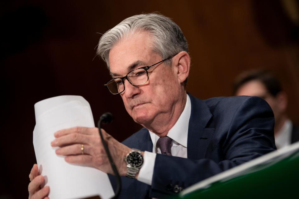 Federal Reserve Board Chairman Jerome Powell listens during a hearing of the Senate Banking, Housing and Urban Affairs Committee on Capitol Hill February 12, 2020, in Washington, DC. - Market sentiment has been positive since US Federal Reserve Chairman Jerome Powell said on Tuesday that its assessment of the economic fallout was not as gloomy as many had expected. (Photo by Brendan Smialowski / AFP) (Photo by BRENDAN SMIALOWSKI/AFP via Getty Images)