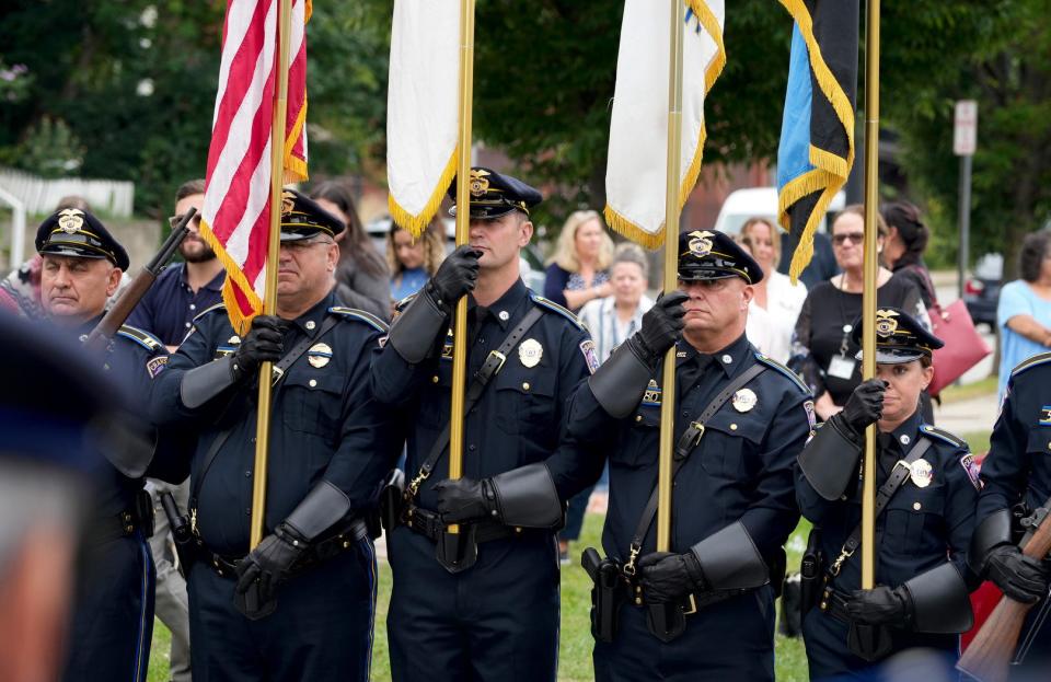 The color guard for the "last call" ceremony for Cranston police dog Lex on Monday afternoon.
