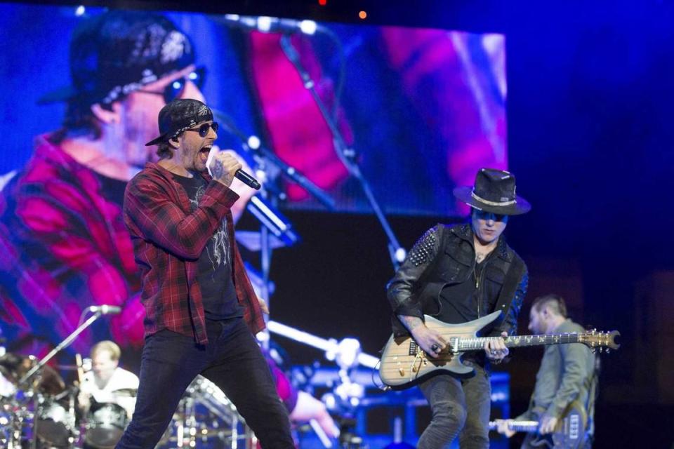 M. Shadows, left, performs with Avenged Sevenfold at the Las Rageous music festival in 2017. The Huntington Beach band will headline the first day of the Aftershock music festival at Discovery Park in October.