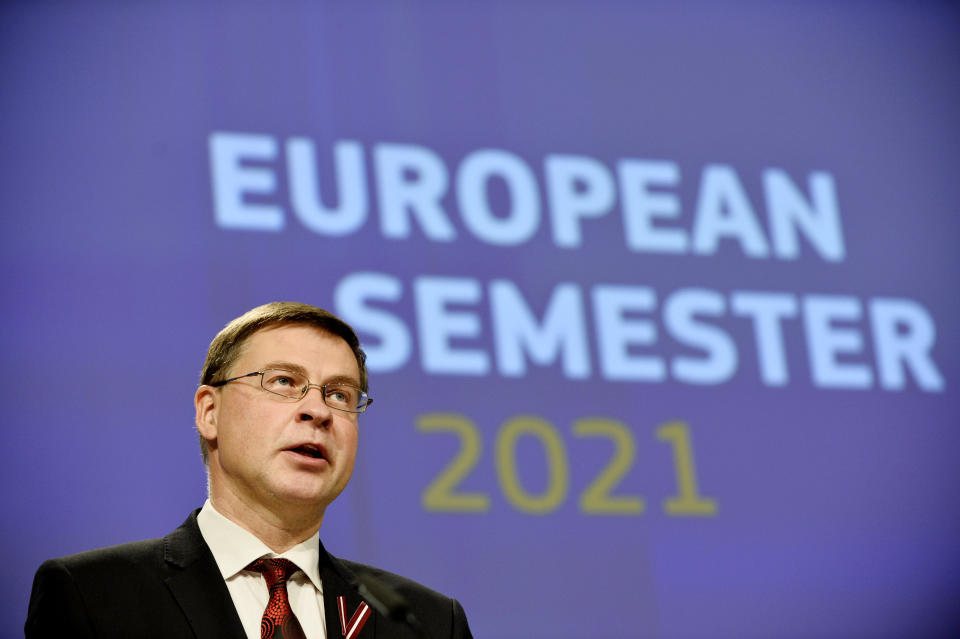 European Commission Vice-President Valdis Dombrovskis speaks during an online news conference at the EU headquarters in Brussels, Wednesday, Nov. 18, 2020. (Johanna Geron, Pool Photo via AP)