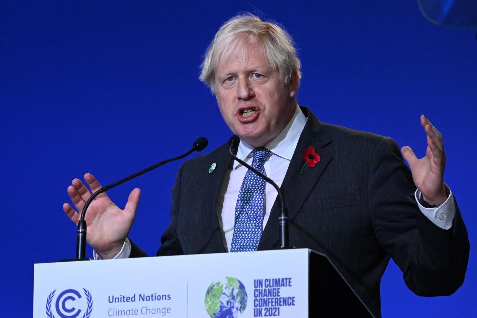 Britain's Prime Minister Boris Johnson speaks during the opening ceremony of the COP26 UN Climate Change Conference in Glasgow, Scotland on November 1, 2021. - COP26, running from October 31 to November 12 in Glasgow will be the biggest climate conference since the 2015 Paris summit and is seen as crucial in setting worldwide emission targets to slow global warming, as well as firming up other key commitments. (Photo by Jeff J Mitchell / POOL / AFP) (Photo by JEFF J MITCHELL/POOL/AFP via Getty Images)