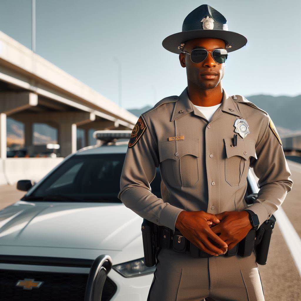 state trooper stands in front of his vehicle