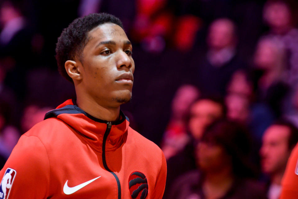 Patrick McCaw #1 of the Toronto Raptors portrait the Toronto Raptors vs New York Knicks NBA regular season game at Scotiabank Arena on March 18, 2019, in Toronto, Canada (Toronto Raptors win 128-92) (Photo by Anatoliy Cherkasov/NurPhoto via Getty Images)