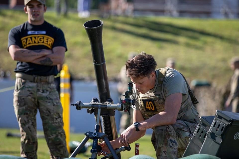 US Army 1st Lt. Andrew Winski aims the M252 mortar as another soldier observes.