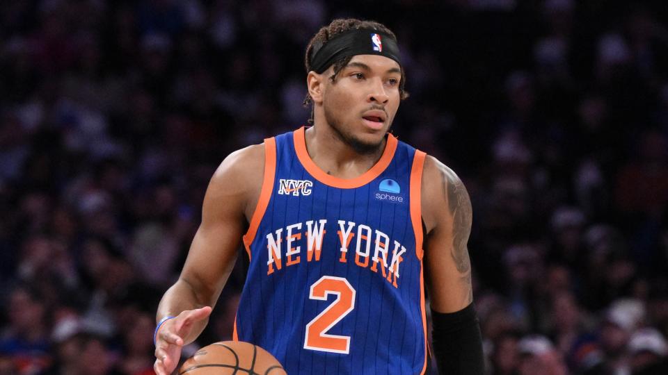 Mar 31, 2024; New York, New York, USA; New York Knicks guard Miles McBride (2) brings the ball up court during the second quarter against the Oklahoma City Thunder at Madison Square Garden. 