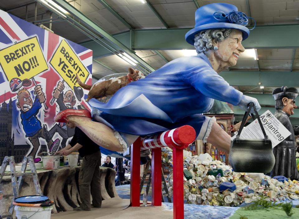 A figure depicting Queen Elizabeth is shown during a press preview in a hall of the Mainz carnival club in Mainz, Germany, Feb. 26, 2019. (Photo: Michael Probst/AP)