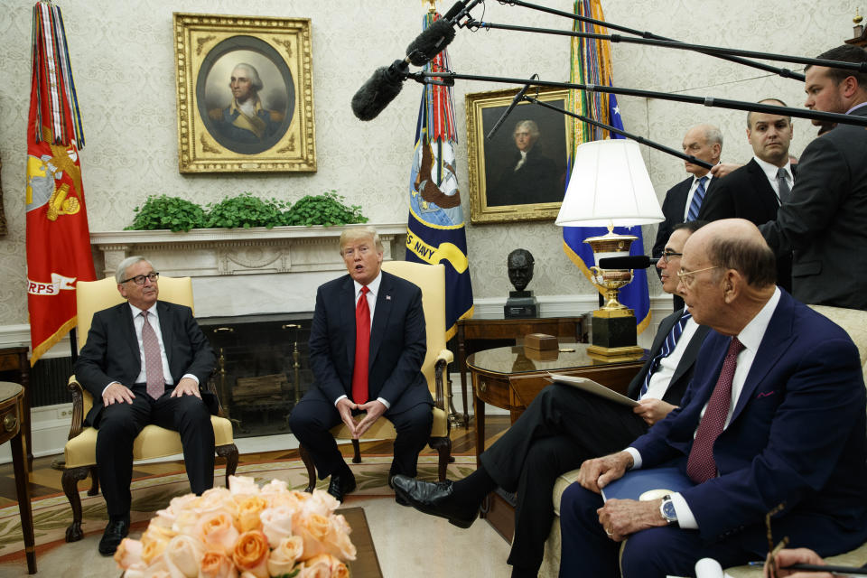 President Donald Trump meets with European Commission president Jean-Claude Juncker in the Oval Office of the White House, Wednesday, July 25, 2018, in Washington. (AP Photo/Evan Vucci)