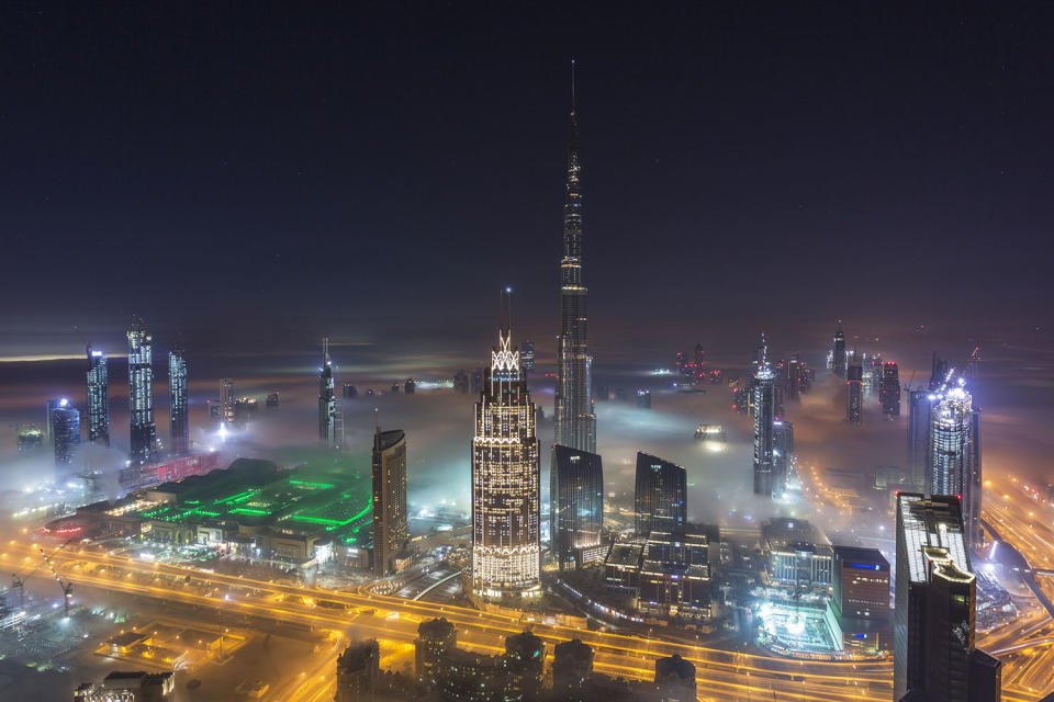 Thick fog covers Dubai skyline