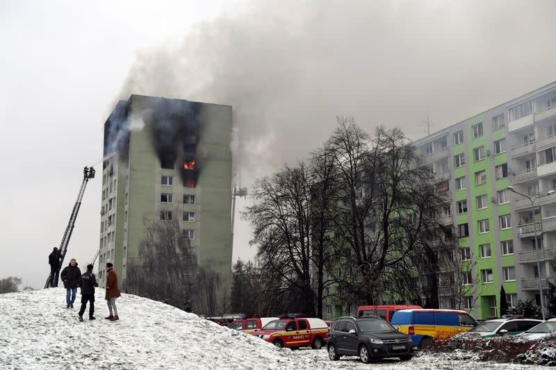 An apartment building damaged by a gas explosion is seen in Presov